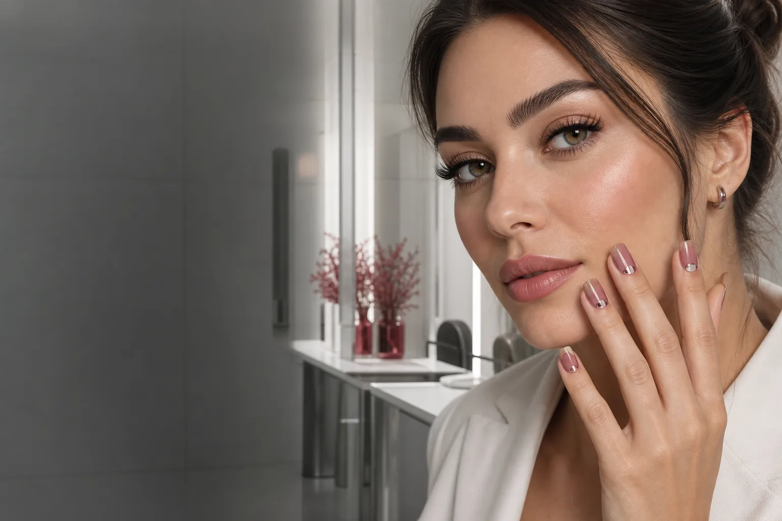 Elegante Kundin mit roséfarbenem Nageldesign, definierten Brauen und Wimpern